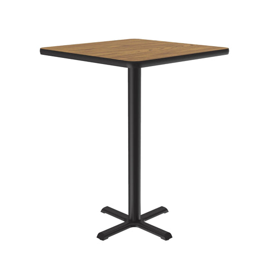 BXBS Correll Inc. 42" Height Square Café & Breakroom Tables With 1 1/4” High Pressure Top, Black T-Mold, Cast Iron Base and Top Spider, 3” Diameter Steel Column, X-Base with Nylon Leveling Glides, Cube 1.75, 2.25, 3.15, 4.20, High-Pressure Laminate